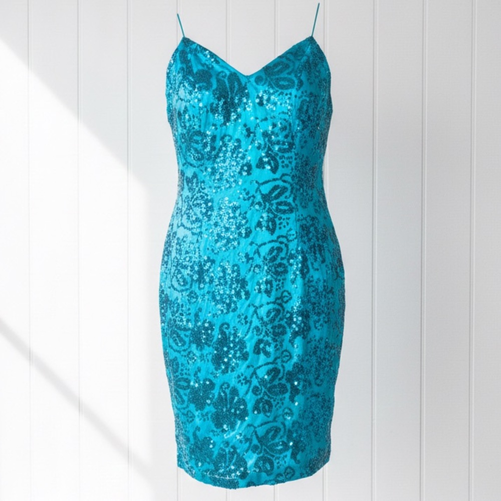 ZUM ZUM Women’s Two Tone Turquoise Sequin Floral Formal Mini Dress